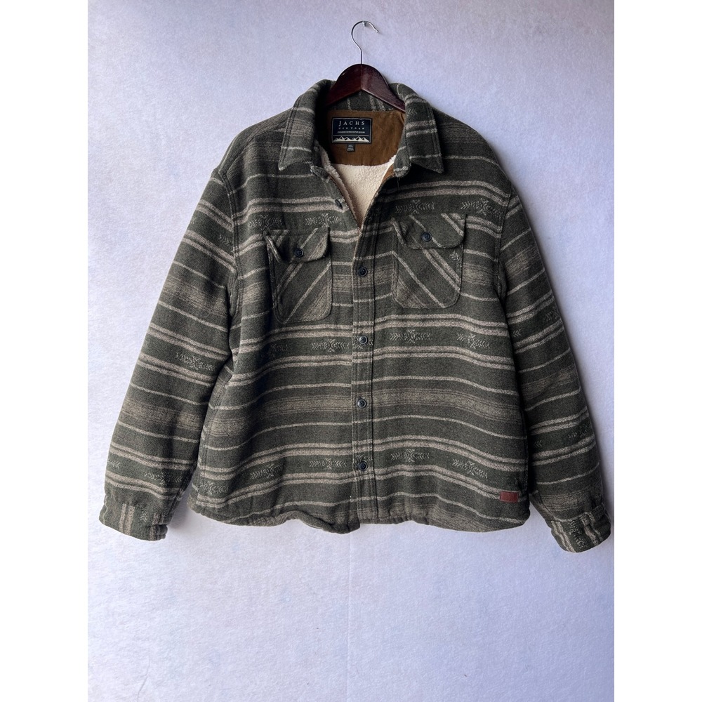 Jachs New York Mens XXL Sherpa Lined Shirt Jacket Green Striped Wool Blend